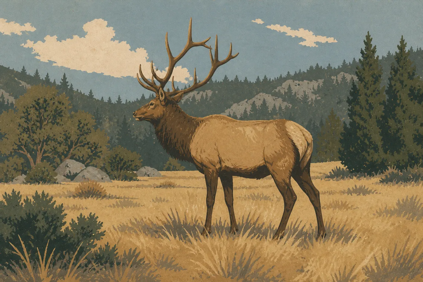 Illustration sérigraphiée : Un élan adulte se détache dans une prairie ouverte de Dog Canyon devant les crêtes boisées.