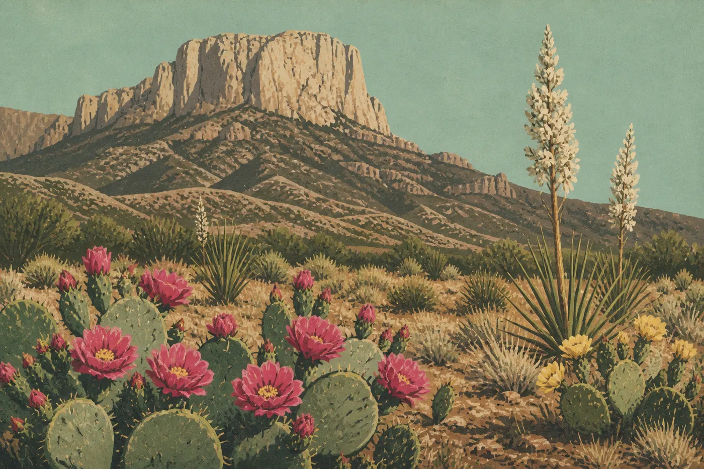 Illustration sérigraphiée : Des fleurs de cactus et de yucca ponctuent le désert printanier devant El Capitan.