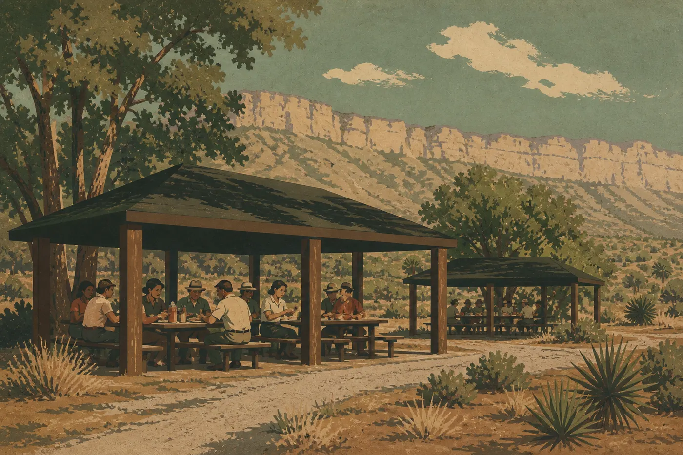 Illustration sérigraphiée : Des visiteurs déjeunent sous les grands abris ombragés de l'aire de pique-nique de Frijole Ranch.