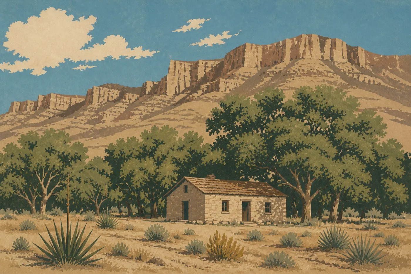 Illustration sérigraphiée : Le bâtiment en pierre de Frijole Ranch repose dans son oasis arborée face à l'escarpement des Guadalupe.