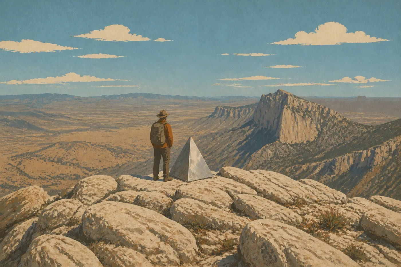 Illustration sérigraphiée : Un randonneur atteint la pyramide sommitale de Guadalupe Peak, avec El Capitan et le désert en contrebas.