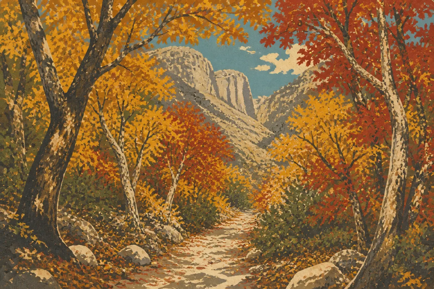 Illustration sérigraphiée : Les érables rouges et dorés encadrent le sentier rocheux au fond de McKittrick Canyon en automne.