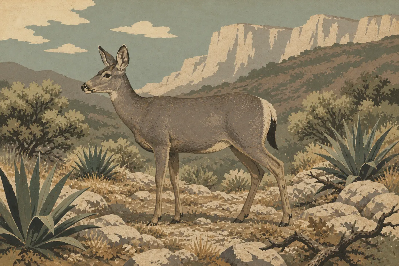 Illustration sérigraphiée : Un cerf mulet se tient parmi les agaves et les chênes des piémonts près de Frijole Ranch.