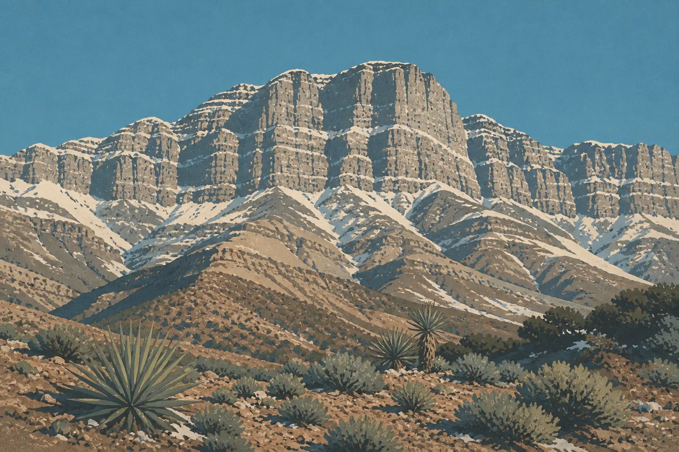 Illustration sérigraphiée : Guadalupe Peak et les crêtes de Pine Springs portent une couche de neige sous un ciel hivernal limpide.