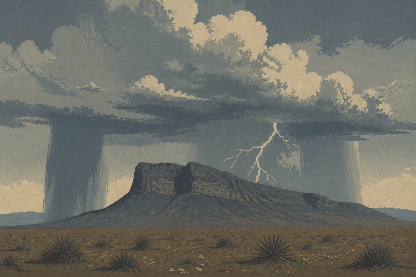 Illustration sérigraphiée : Un orage d'été projette des rideaux de pluie et des éclairs derrière El Capitan au-dessus du désert.