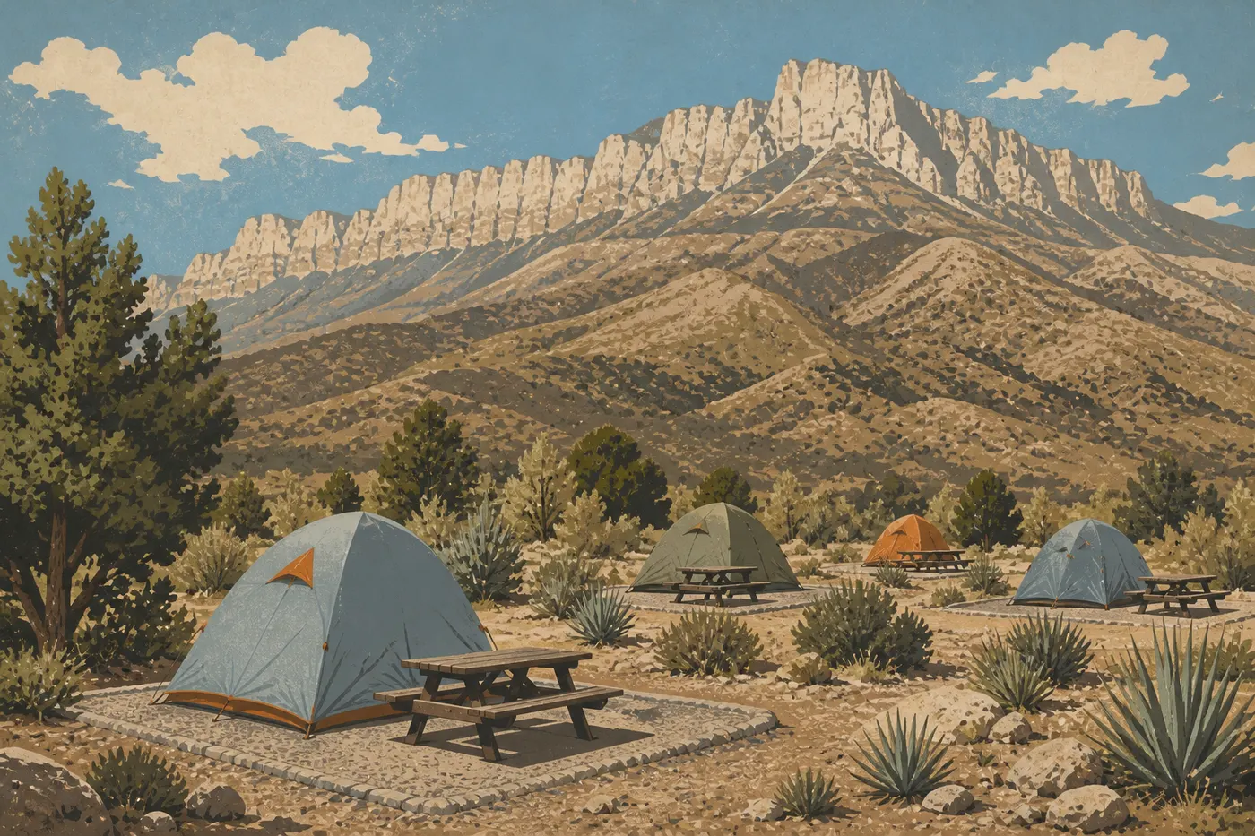 Illustration sérigraphiée : Des tentes occupent les emplacements graveleux de Pine Springs Campground sous Guadalupe Peak et les genévriers.