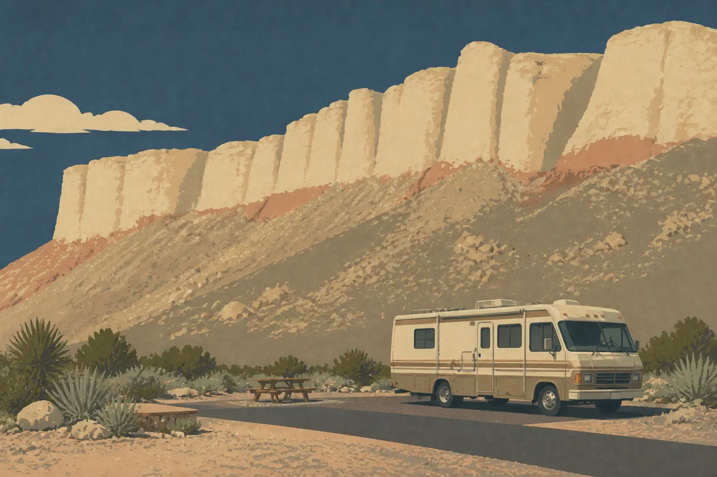 Illustration sérigraphiée : Un camping-car stationne dans l'aire pavée de Pine Springs Campground, avec les falaises en arrière-plan.