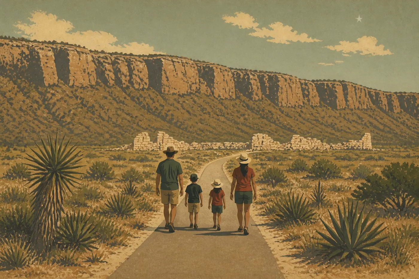 Illustration sérigraphiée : Une famille marche sur le Pinery Trail pavé vers les ruines de la station Butterfield, sous les montagnes.