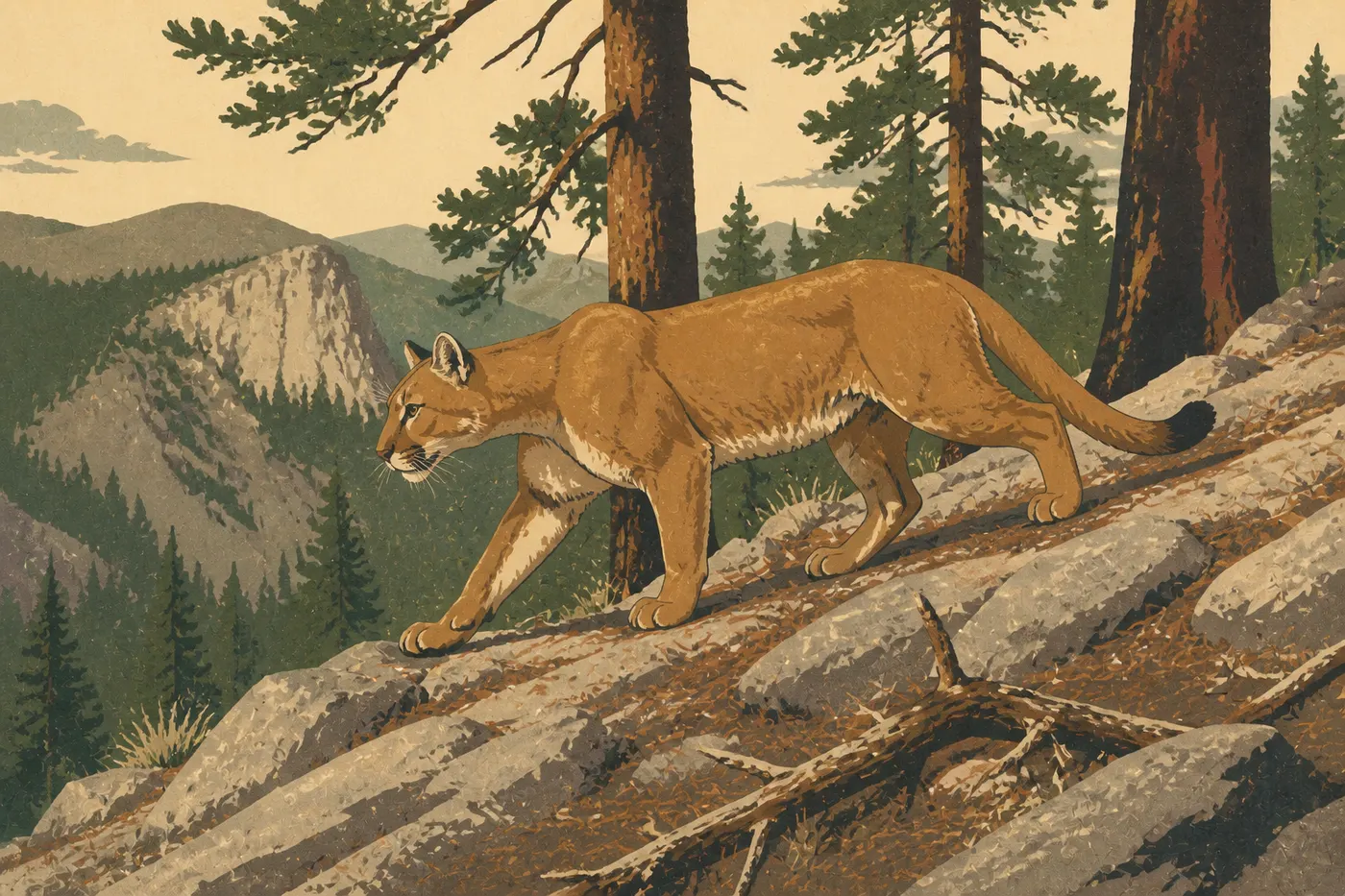 Illustration sérigraphiée : Un puma avance discrètement sur une pente rocheuse et boisée des hautes Guadalupe Mountains.