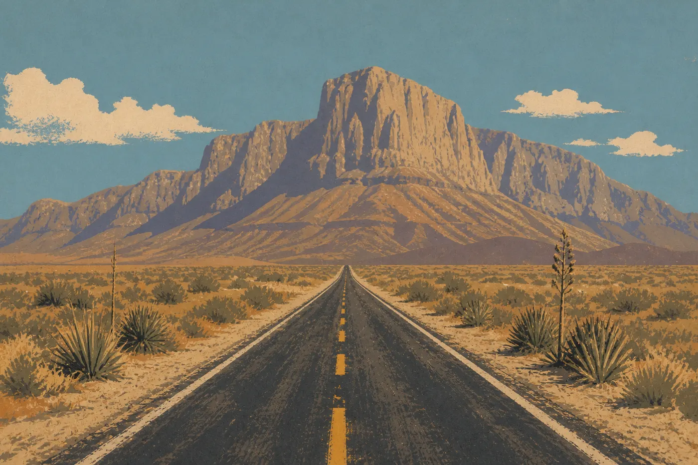 Illustration sérigraphiée : La route US 62/180 file dans le désert vers El Capitan et l'entrée principale de Pine Springs.