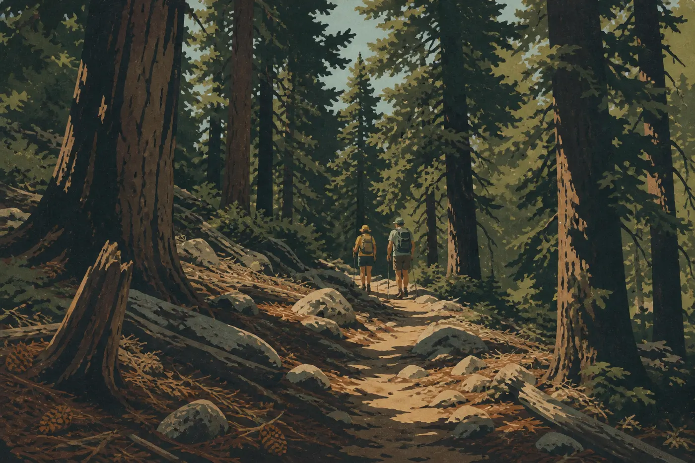 Illustration sérigraphiée : Des randonneurs progressent dans la forêt fraîche de pins de The Bowl, loin de la chaleur désertique estivale.