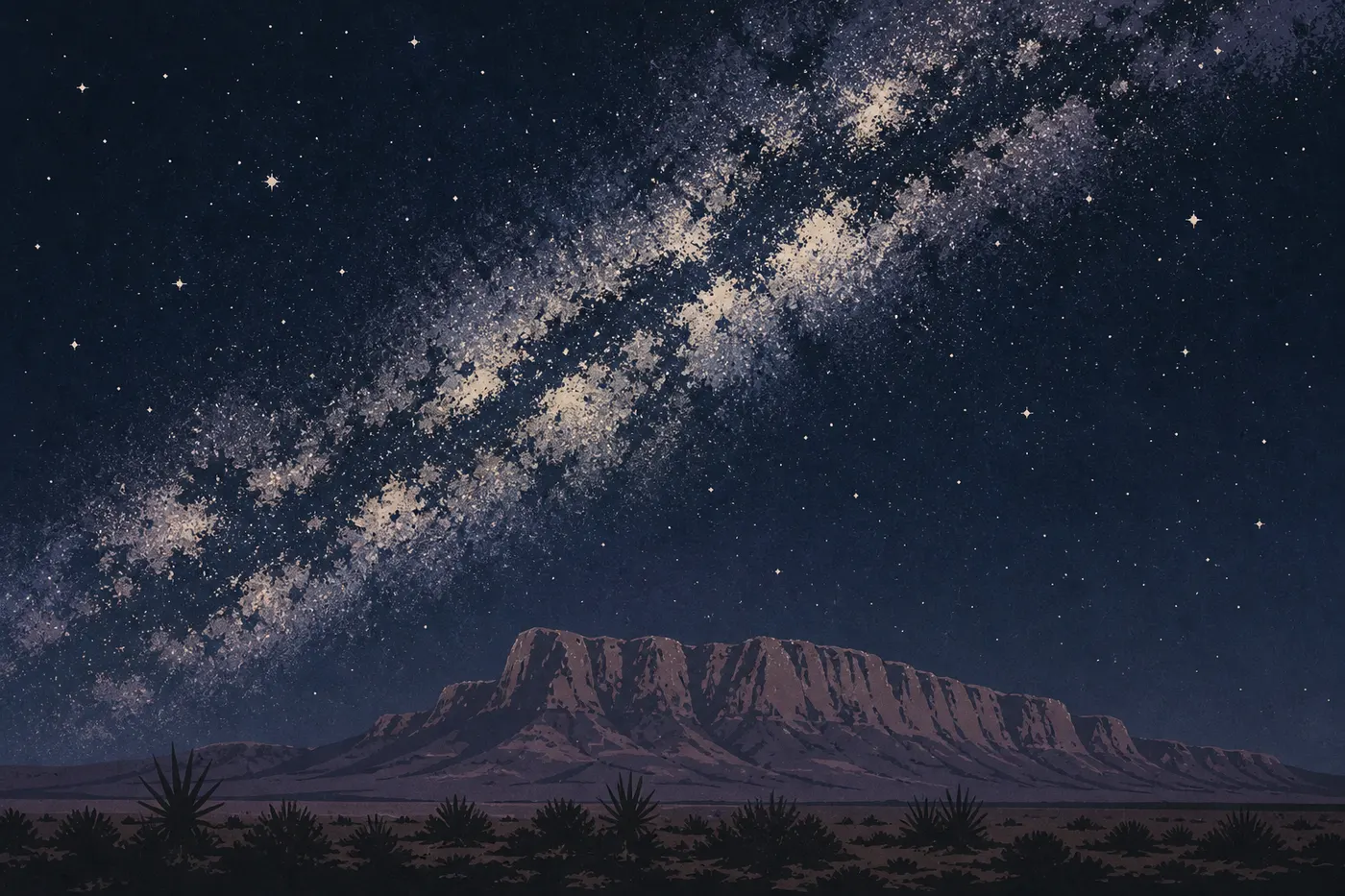 Illustration sérigraphiée : La Voie lactée traverse un ciel noir au-dessus de la silhouette massive d'El Capitan.