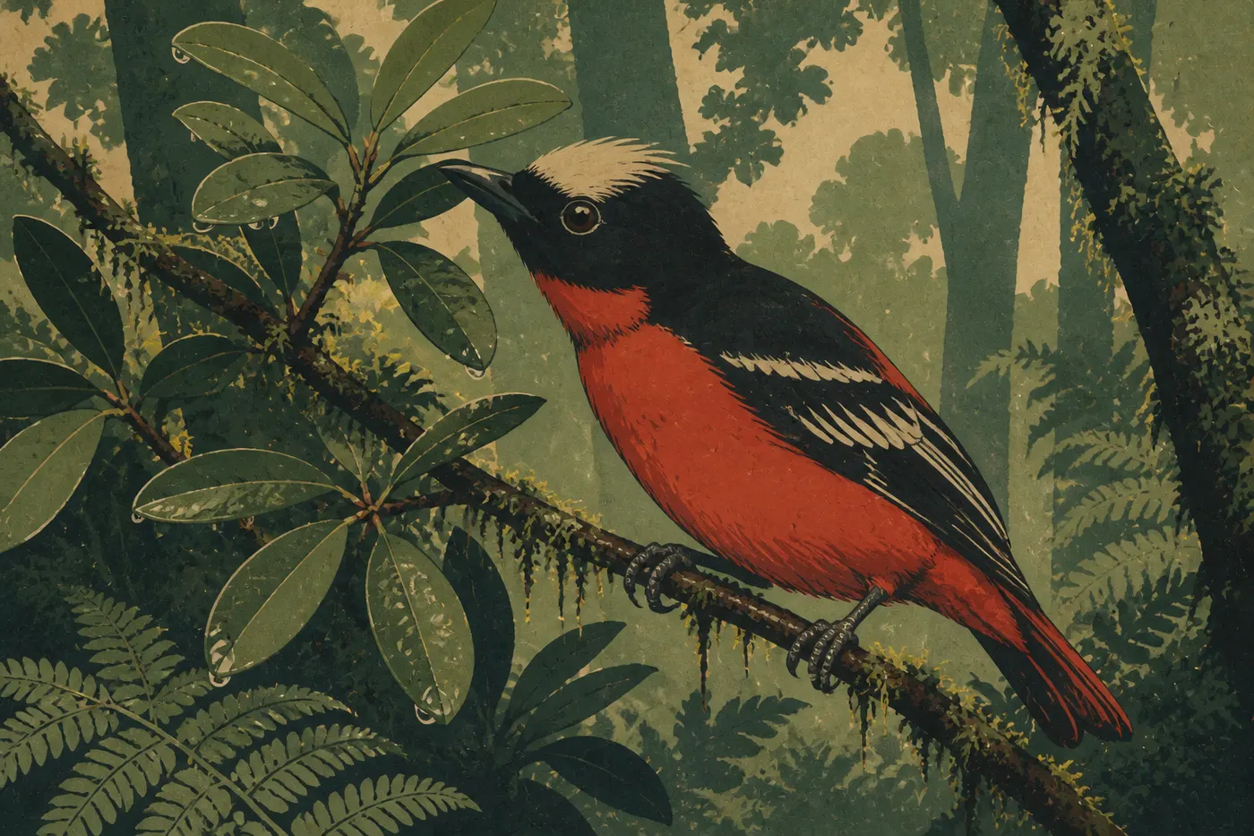 Illustration sérigraphiée : ʻĀkohekohe rouge et noir posé dans le feuillage humide de la forêt indigène de Kīpahulu