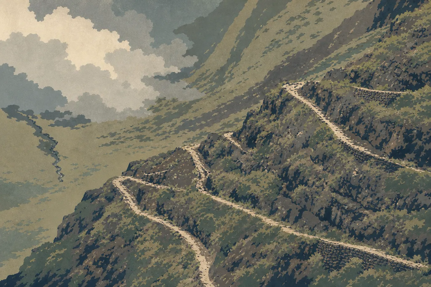 Illustration sérigraphiée : Crater Road serpentant entre les pentes volcaniques et les nuages sous les belvédères du sommet