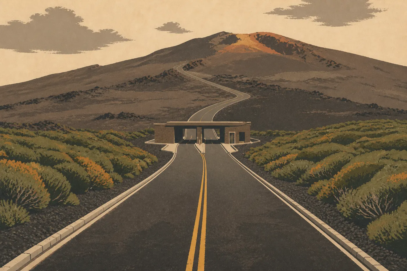 Illustration sérigraphiée : Summit District Entrance Station encadrée par la lande d’altitude et la chaussée montante de Crater Road