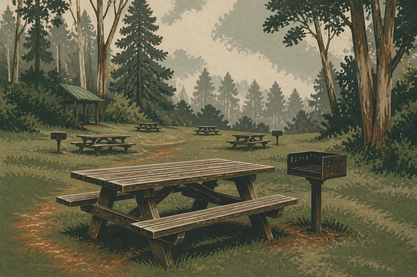 Illustration sérigraphiée : Tables de pique-nique et grils de Hosmer Grove dans la clairière fraîche de la ceinture nuageuse