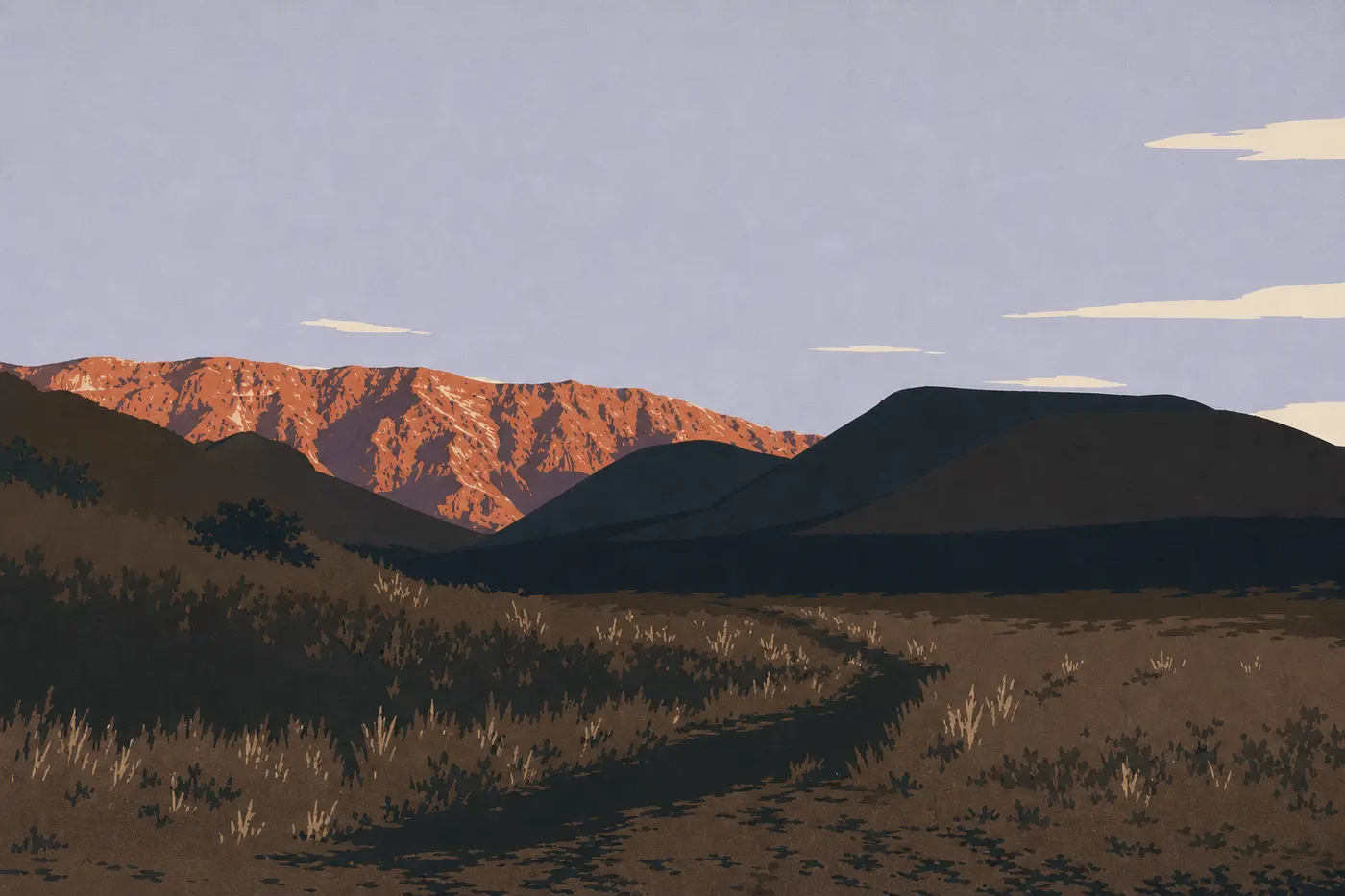Illustration sérigraphiée : Cônes rougeoyants et ombres allongées dans le cratère au coucher du soleil depuis Kalahaku Overlook