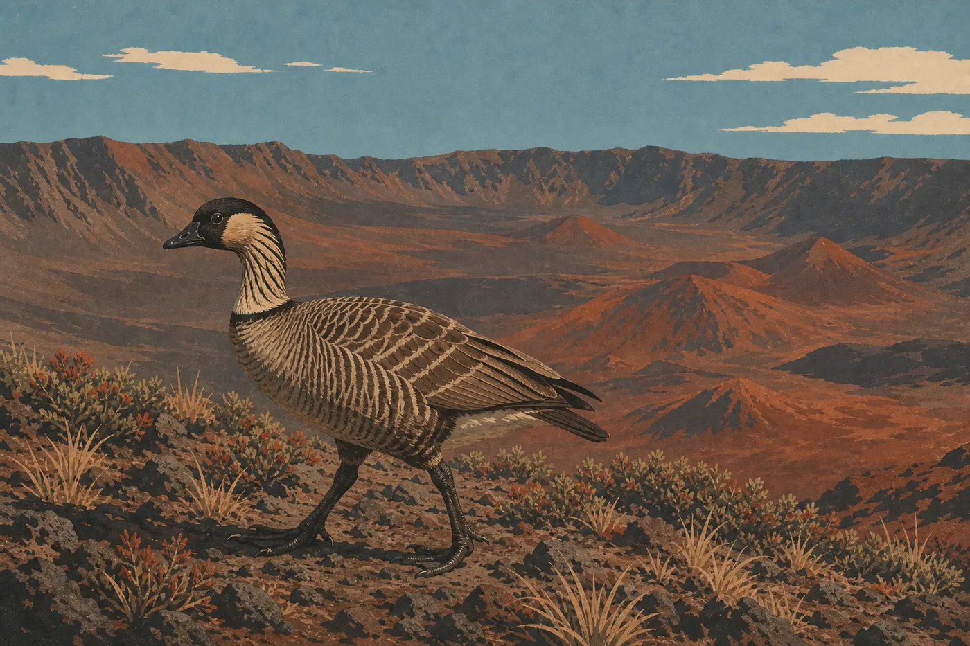Illustration sérigraphiée : Nēnē adulte marchant dans la lande volcanique du district du Sommet, avec le cratère en arrière-plan