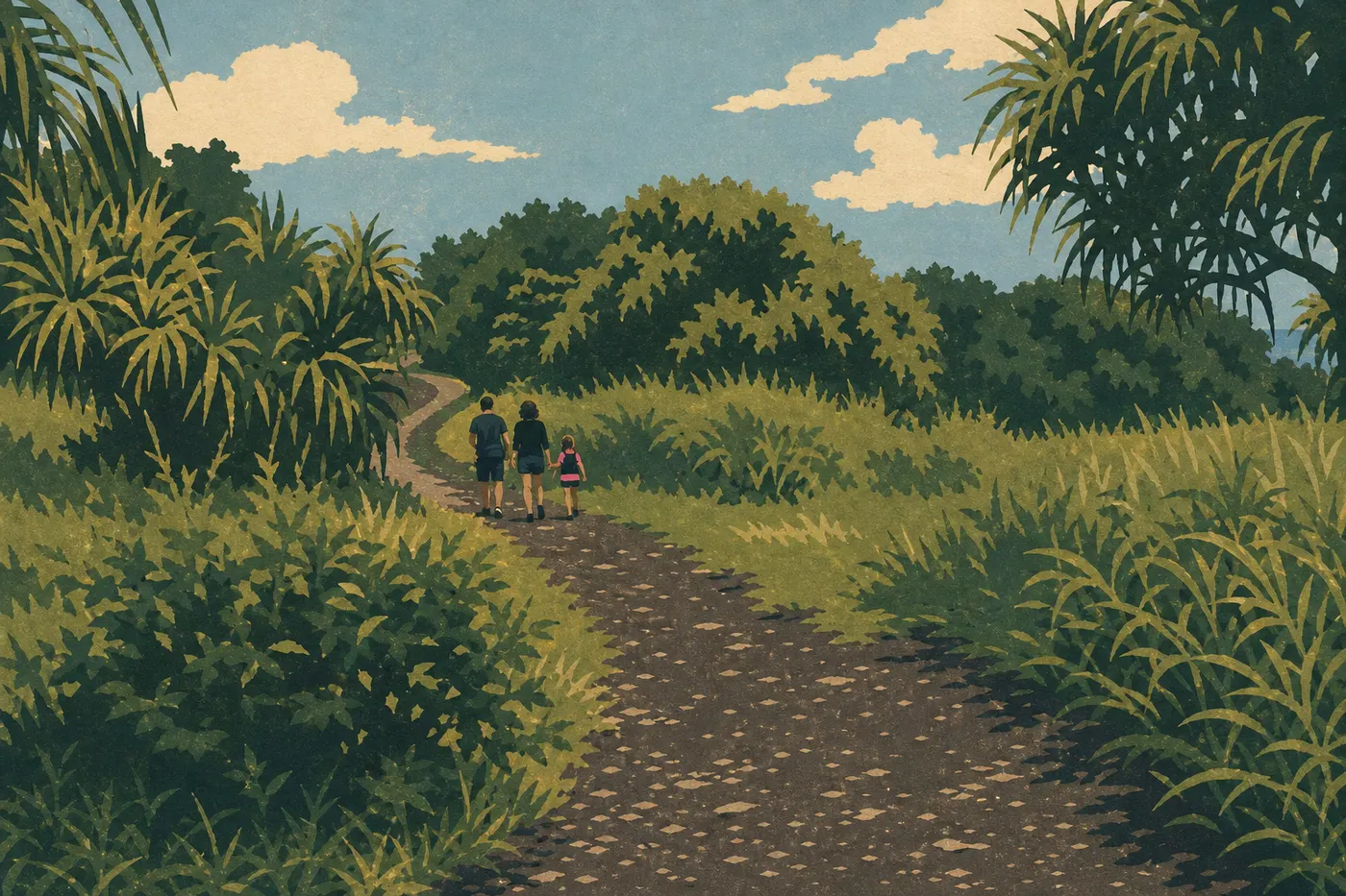 Illustration sérigraphiée : Famille gravissant le court sentier aménagé de Pā Kaʻoao près du Haleakalā Visitor Center
