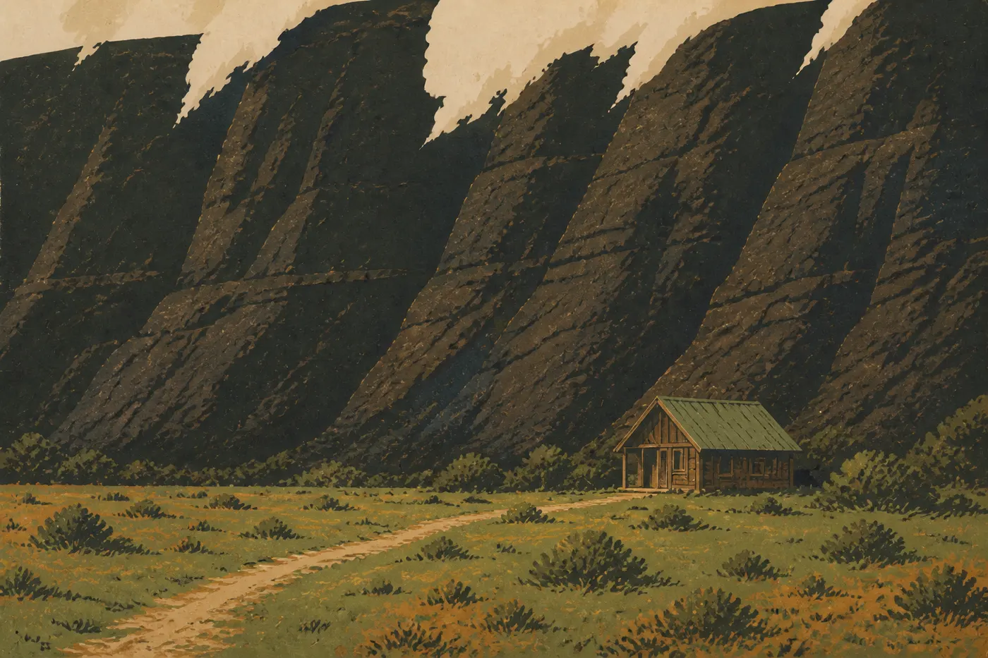 Illustration sérigraphiée : Cabane historique de Palikū au pied d’une haute falaise verdoyante drapée de brume