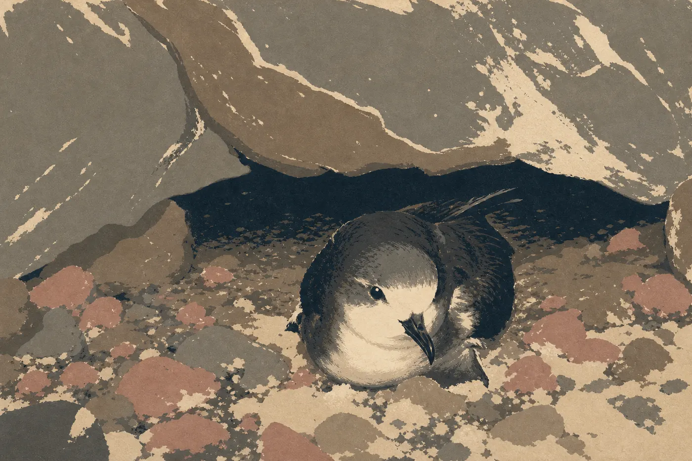 Illustration sérigraphiée : Pétrel hawaïen ʻuaʻu posé parmi les roches volcaniques près de son terrier dans le cratère