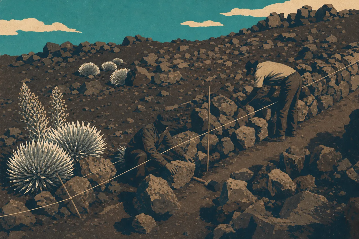 Illustration sérigraphiée : ʻĀhinahina en fleurs dressé parmi les scories du sommet lors d’une claire journée de printemps