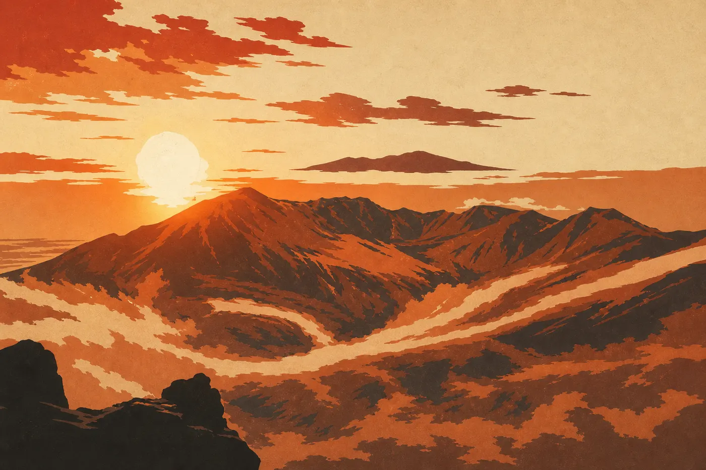 Illustration sérigraphiée : Lever du soleil orange derrière les cônes volcaniques, vu depuis le sommet de Puʻuʻulaʻula au-dessus des nuages