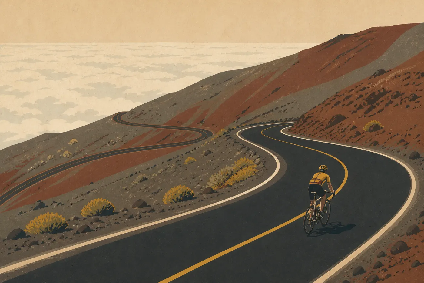 Illustration sérigraphiée : Cycliste sur Crater Road au milieu des lacets dénudés, avec l’océan de nuages en contrebas