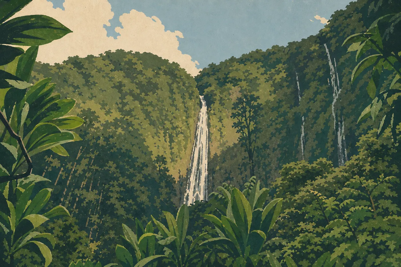 Illustration sérigraphiée : Waimoku Falls tombant au fond de sa gorge tropicale, au terme du Pīpīwai Trail