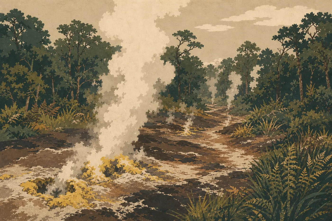 Illustration sérigraphiée : Les fumerolles de Sulphur Banks traversant la forêt humide sous une lumière douce d'automne.