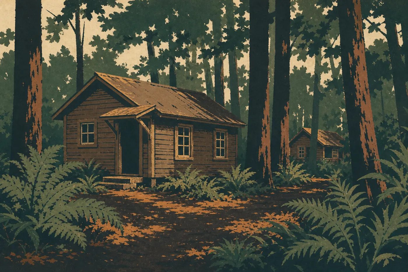 Illustration sérigraphiée : Les cabanes rustiques de Nāmakanipaio blotties dans la forêt humide près du sommet du Kīlauea.