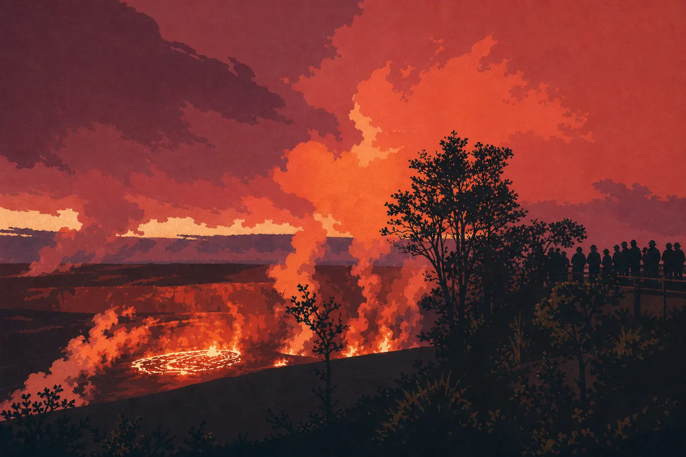 Illustration sérigraphiée : Panorama sur la caldeira du Kīlauea et le cratère Halemaʻumaʻu depuis Uēkahuna.