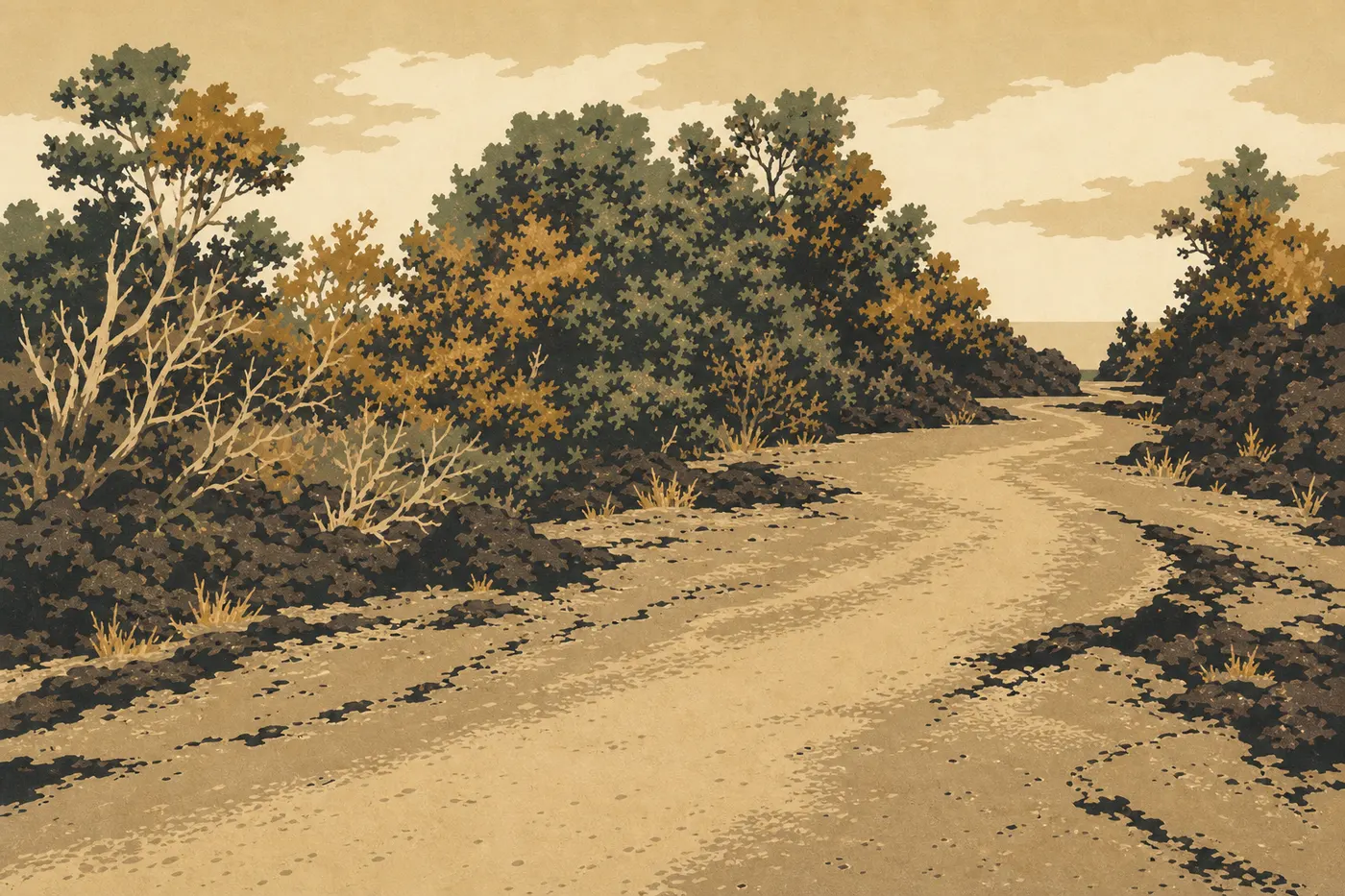 Illustration sérigraphiée : La Chain of Craters Road serpentant entre coulées noires, cratères et végétation pionnière.