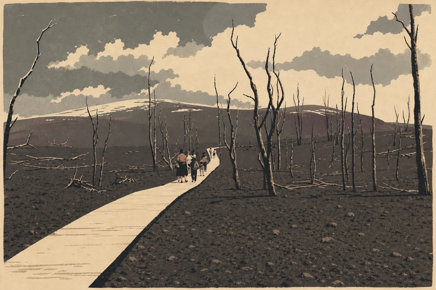 Illustration sérigraphiée : Une famille avançant sur le sentier pavé de Devastation Trail au milieu des cendres volcaniques.