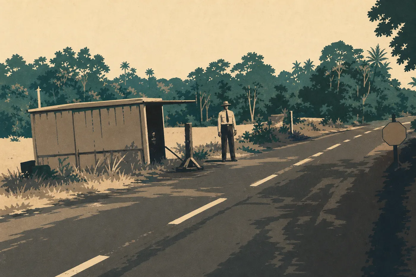 Illustration sérigraphiée : La station d'entrée de Hawaiʻi Volcanoes encadrée par la forêt humide et la signalétique du parc.