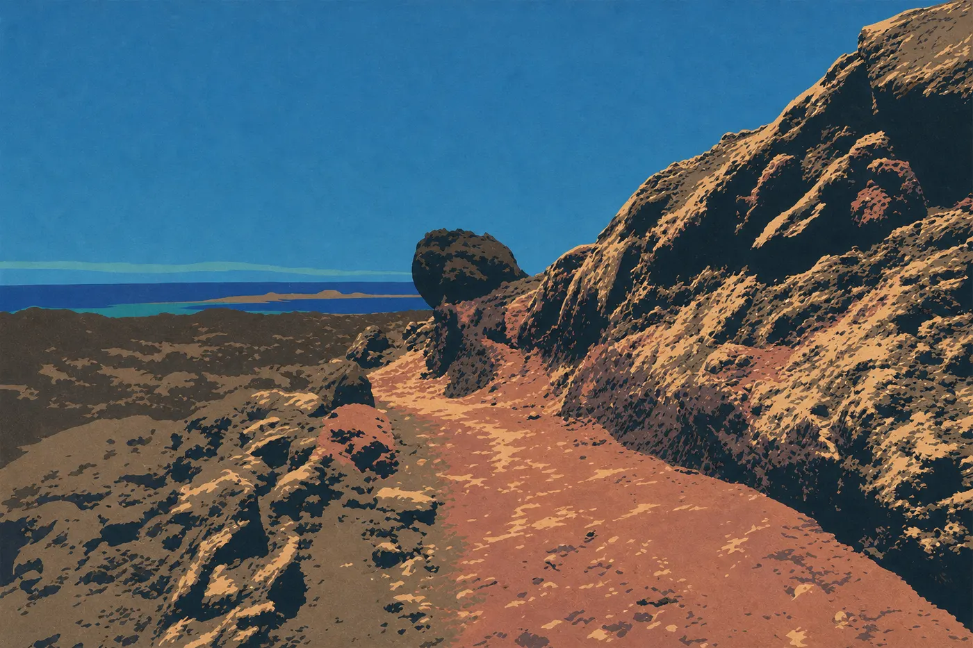 Illustration sérigraphiée : Les falaises de lave de Hōlei baignées de soleil au-dessus du Pacifique bleu en été.