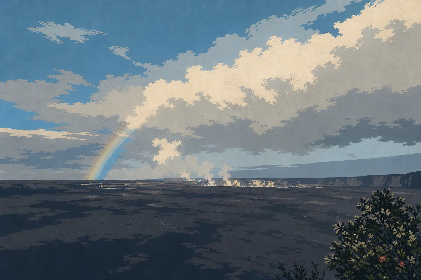 Illustration sérigraphiée : La caldeira du Kīlauea sous les nuages bas, les pluies et un arc-en-ciel hivernal.