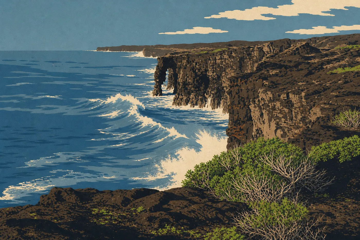 Illustration sérigraphiée : Hōlei Sea Arch dressée devant le Pacifique au terme de la Chain of Craters Road.