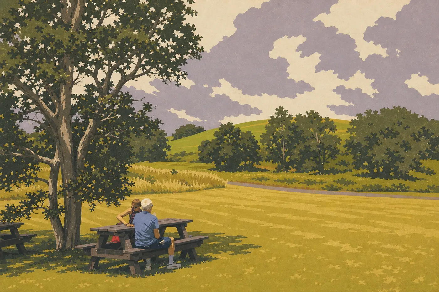 Illustration sérigraphiée : Les tables de Kīpukapuaulu Picnic Area sous la forêt native de Bird Park.