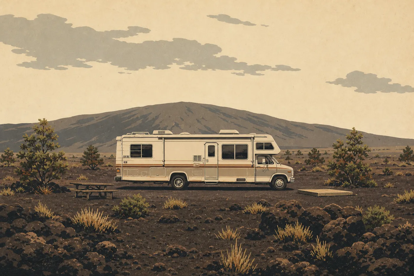 Illustration sérigraphiée : Un véhicule de loisirs stationné à Kulanaokuaiki Campground dans le paysage aride du Kaʻū.