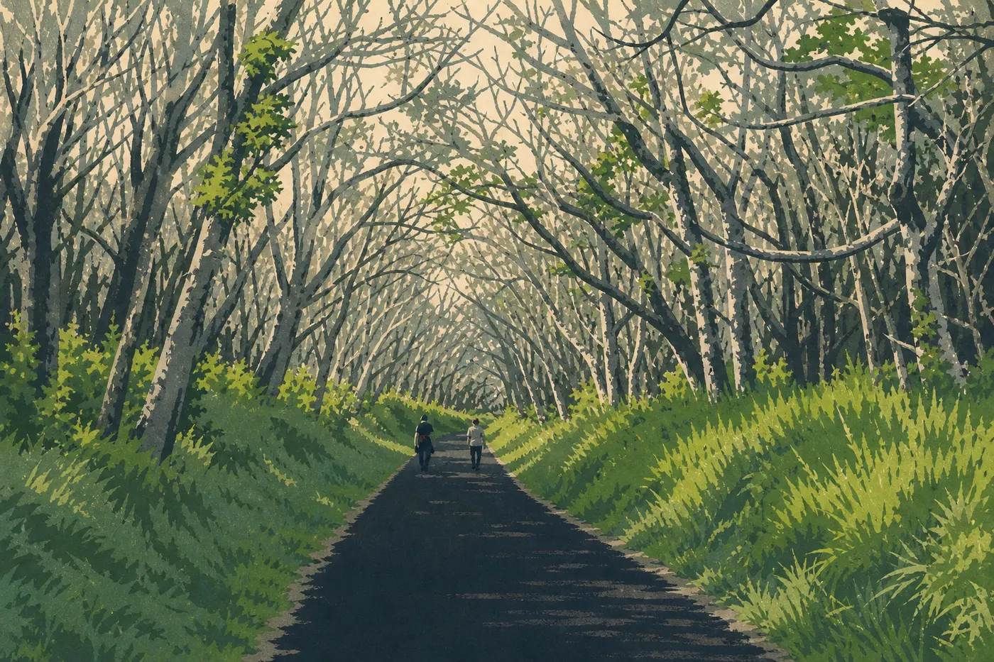 Illustration sérigraphiée : La Mauna Loa Road montant entre forêt montagnarde et anciennes coulées vers Mauna Loa Overlook.