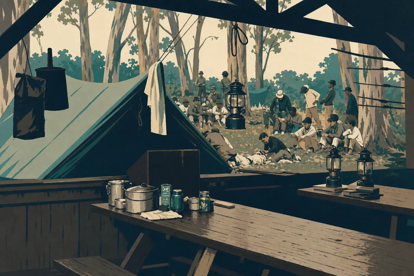 Illustration sérigraphiée : Les emplacements de Nāmakanipaio Campground installés sous les grands eucalyptus de la forêt d'altitude.