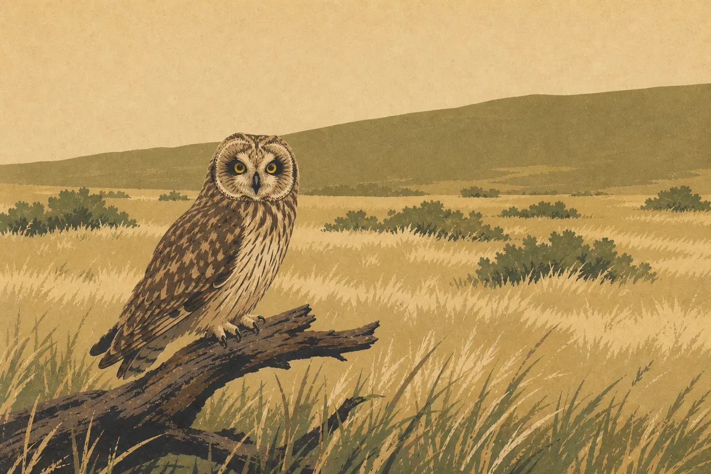 Illustration sérigraphiée : Un pueo posé dans les prairies ouvertes de Kahuku sous la lumière claire du jour.