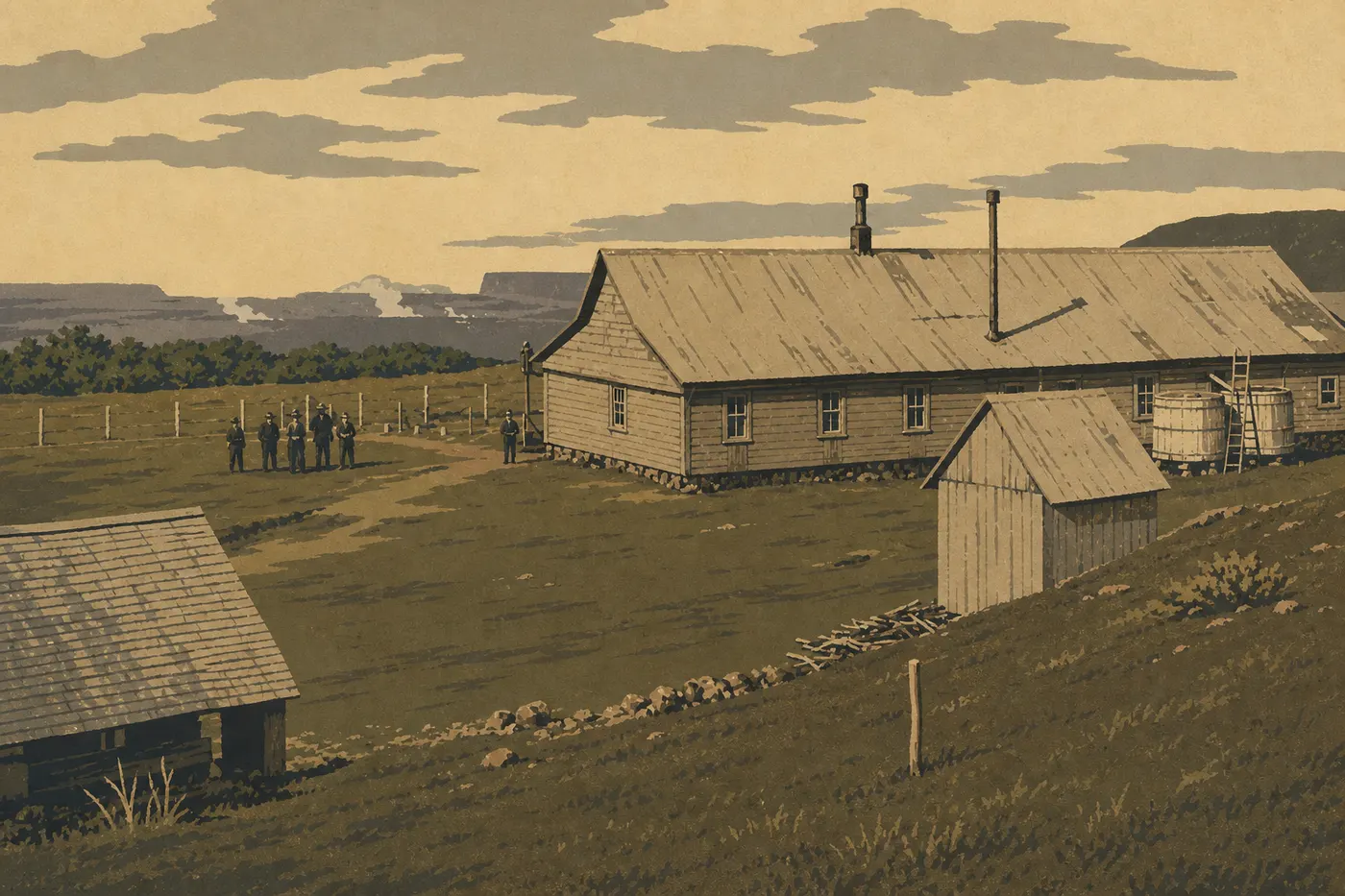 Illustration sérigraphiée : Volcano House posé au bord de la caldeira du Kīlauea, face au vaste paysage volcanique.