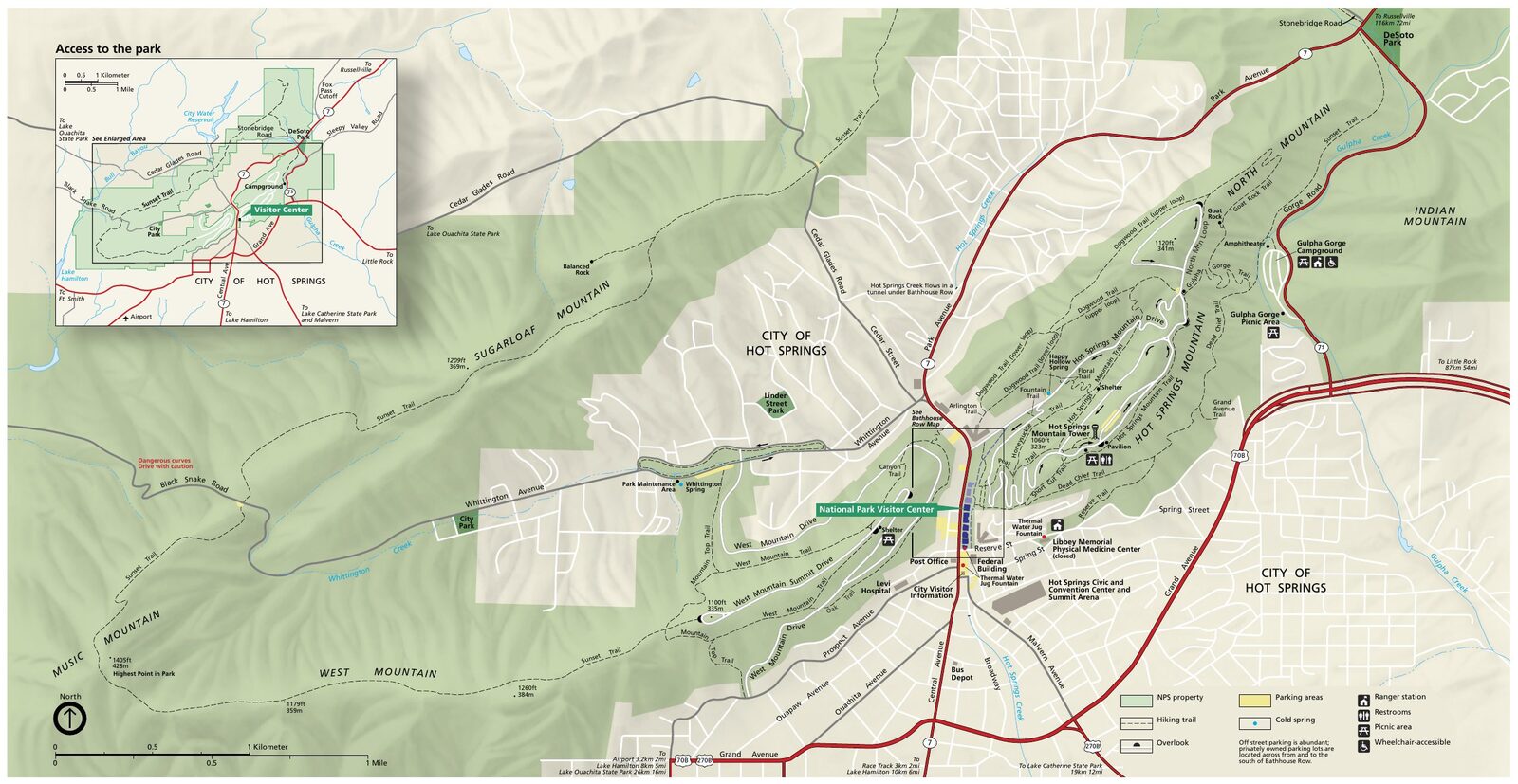 Mapa oficial NPS del parque nacional Hot Springs (Unigrid)