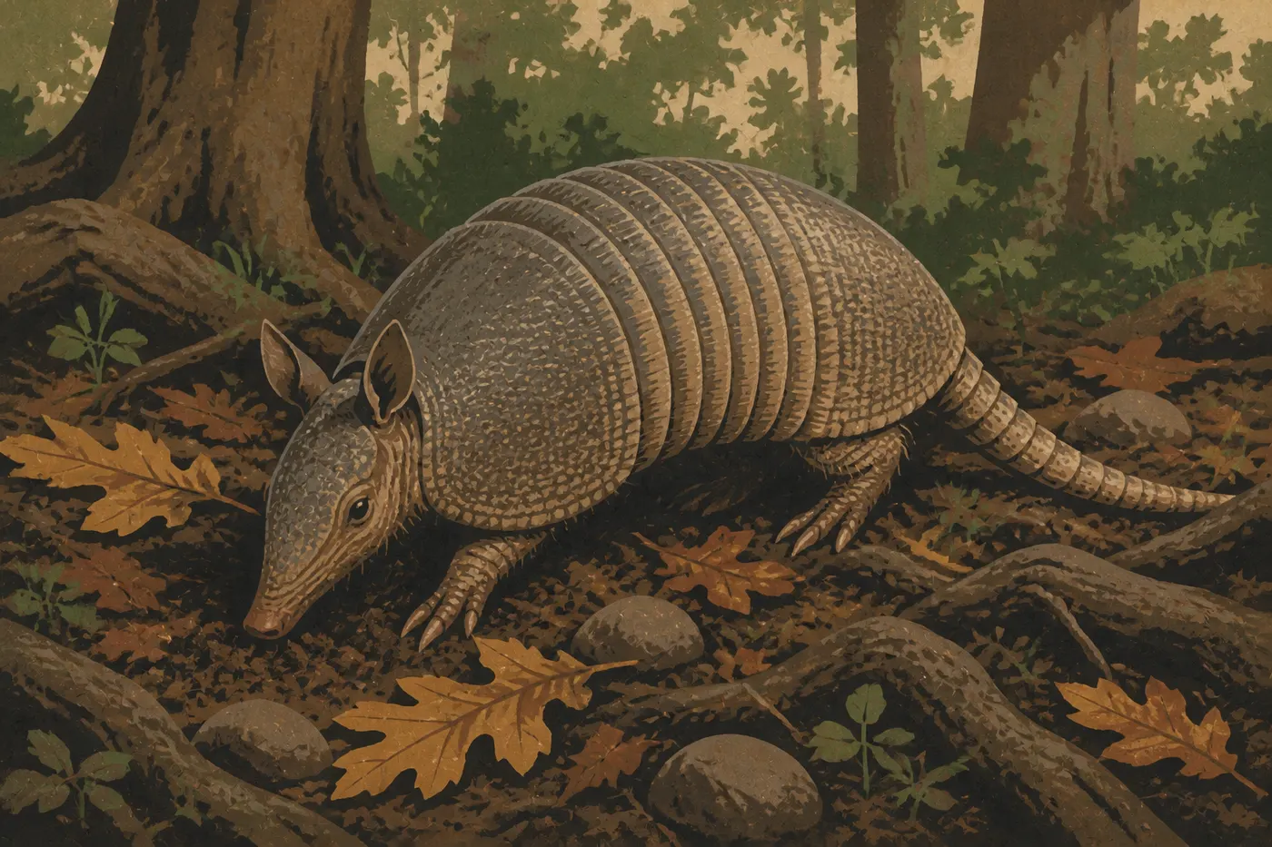 Illustration sérigraphiée : Tatou à neuf bandes fouillant la litière de feuilles dans la forêt des Ouachita
