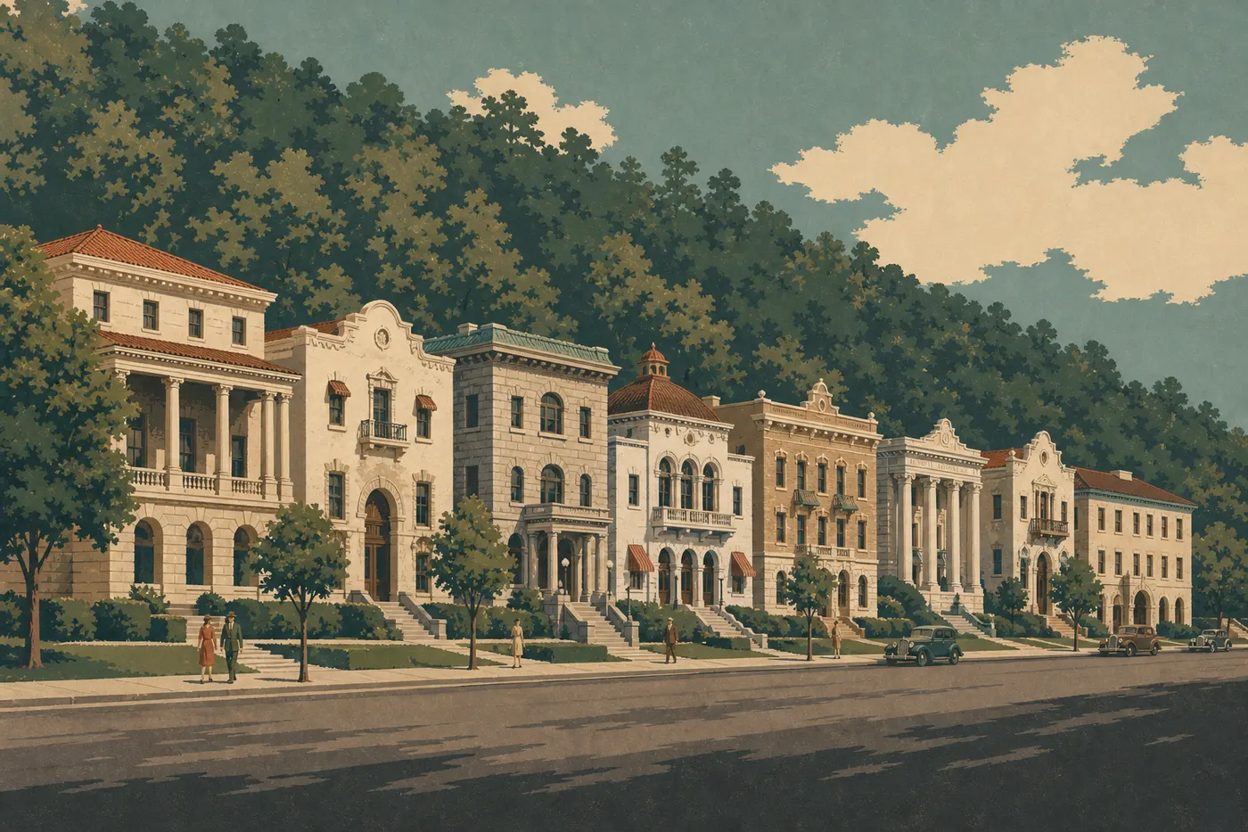 Illustration sérigraphiée : Alignement des huit édifices historiques de Bathhouse Row, avec leurs façades monumentales bordant Central Avenue