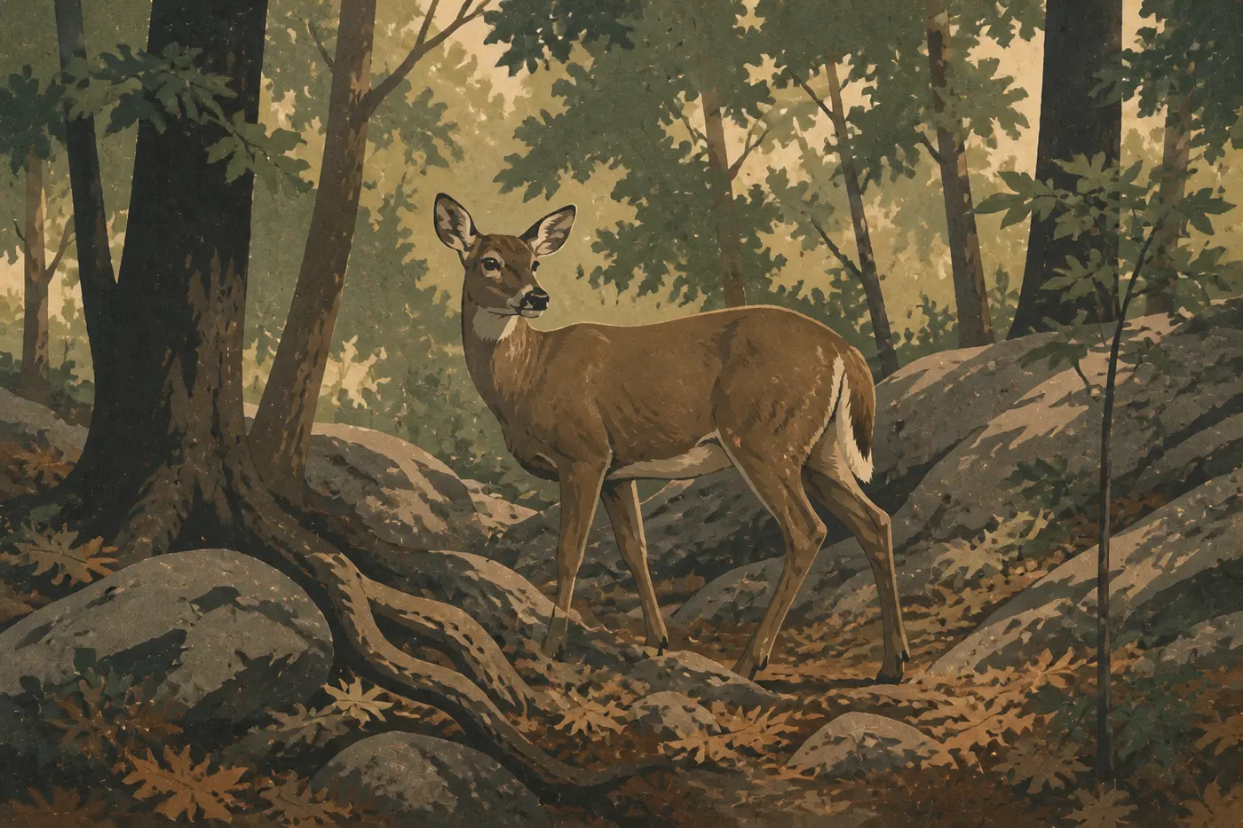 Illustration sérigraphiée : Cerf de Virginie immobile parmi les affleurements rocheux et la forêt dense du parc