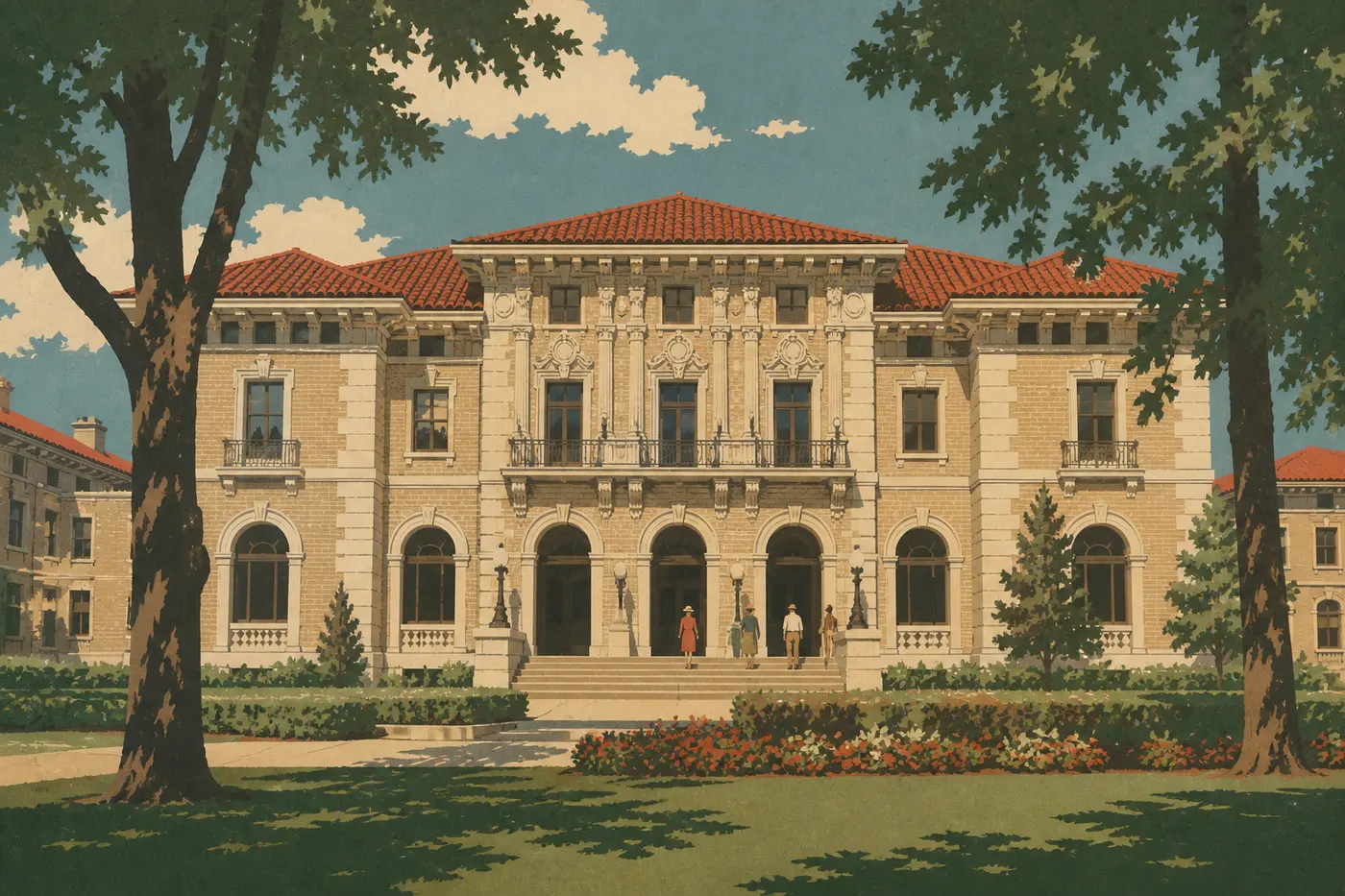Illustration sérigraphiée : Façade Renaissance espagnole du Fordyce Bathhouse, photographiée depuis les jardins de Bathhouse Row