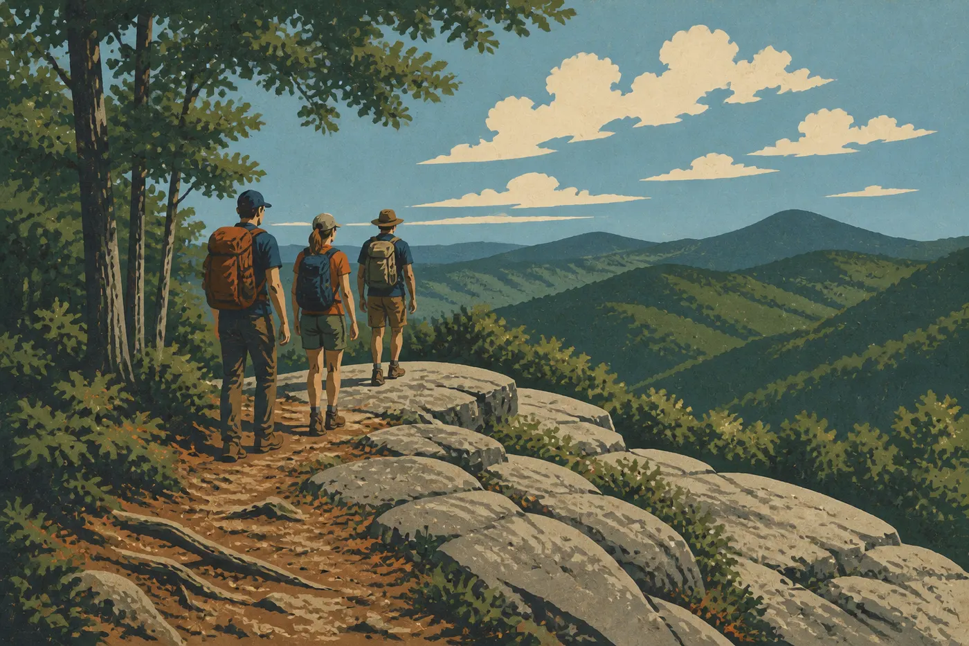Illustration sérigraphiée : Randonneurs atteignant Goat Rock Overlook par le sentier forestier au-dessus de Gulpha Gorge